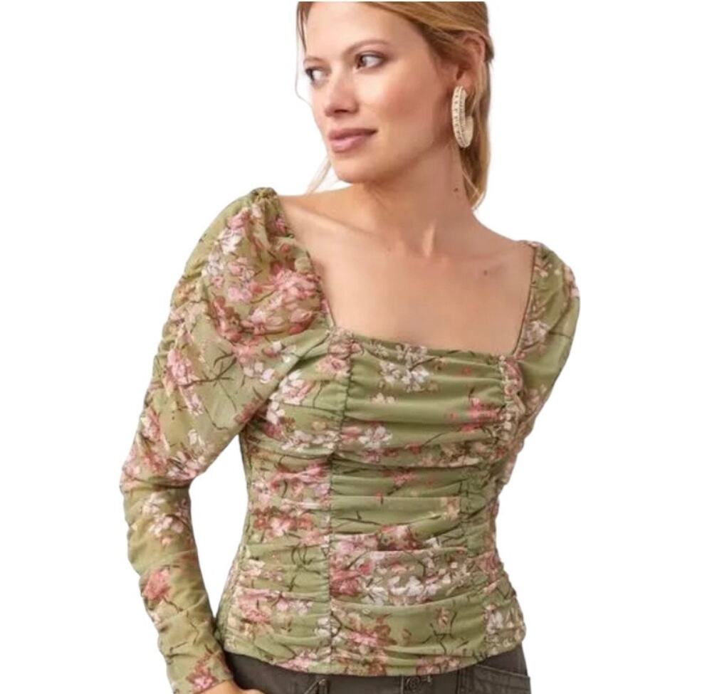 Maeve Anthropologie A+ Floral Tulle Ruched Top 1X